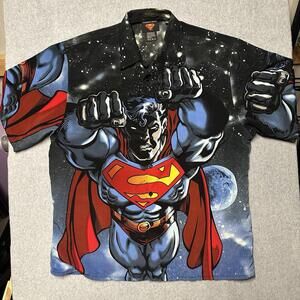 DC Superman Shirt Mens XL Blue Button Up Vintage All Over Print Y2K 2001